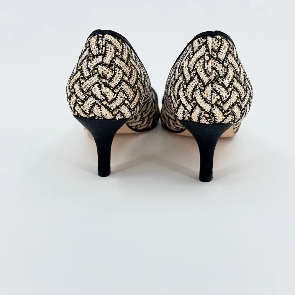 Caparros Womens Black Gold Woven Peep Toe‎ Kitten 3.5